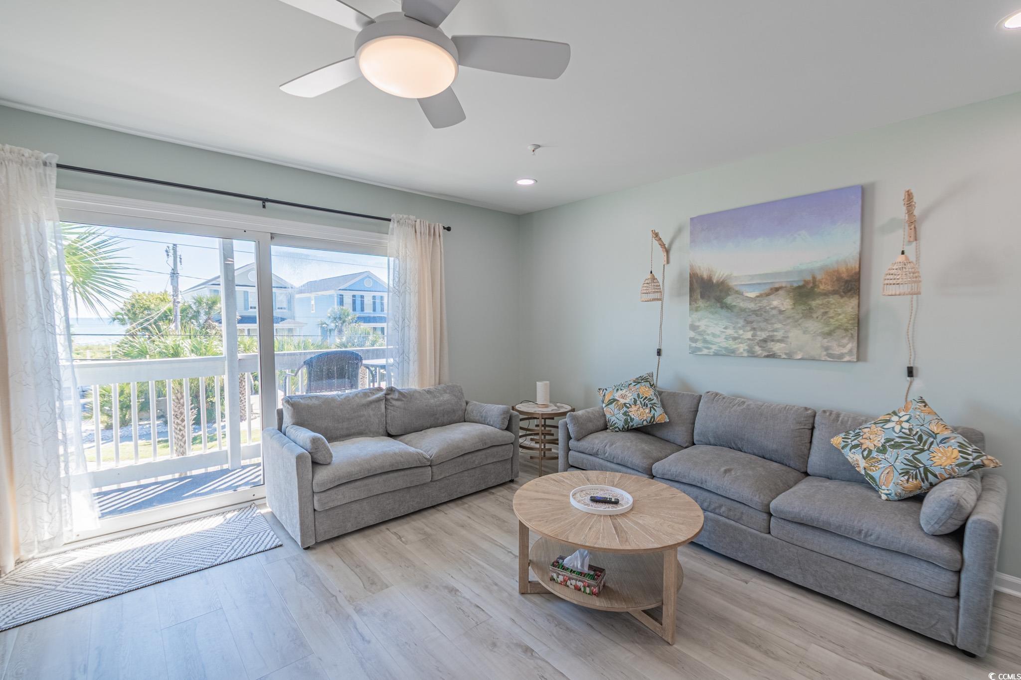 1210 North Ocean Boulevard, Unit 203 Surfside Beach, SC 29575 - Photo 8 of 27 Living room with ceiling fan, wood finished floors, and recessed lighting
