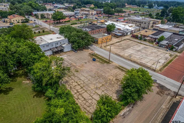 an aerial view of a house with garden space and street view
