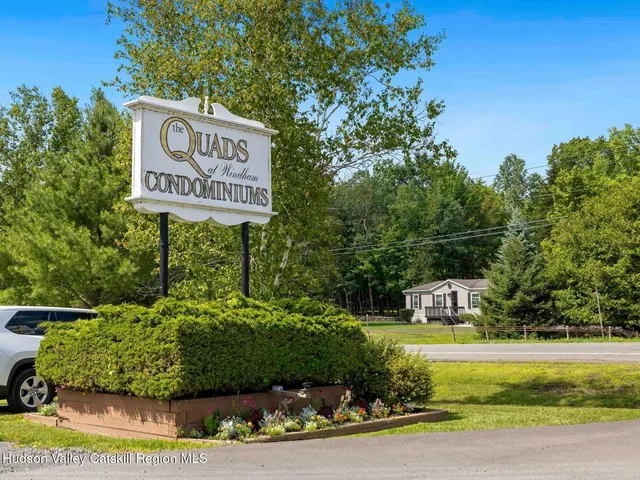 a view of a street with potted plants and big trees