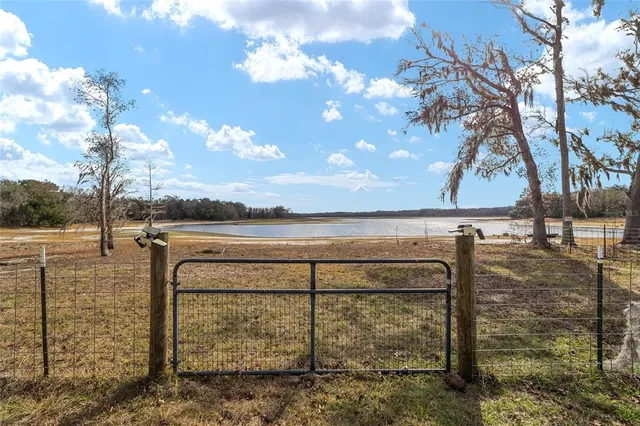 a view of a yard next to a lake