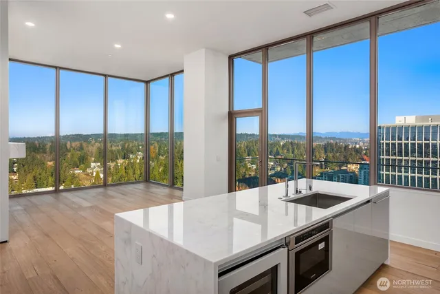 a view of a kitchen with a sink and living room