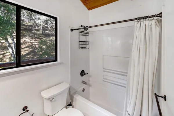 a bathroom with a shower a toilet and a window
