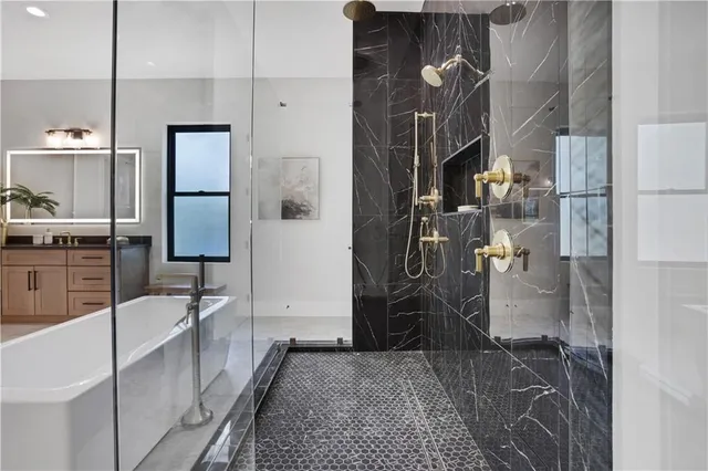 a bathroom with a bathtub