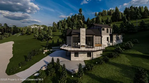 a view of a house with garden and a pond