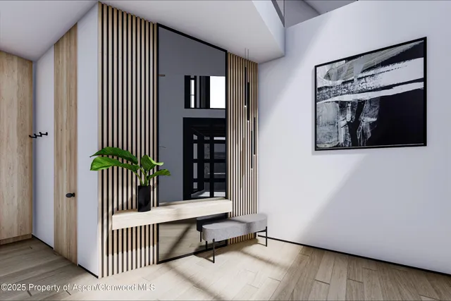 a view of a hallway with wooden shelves