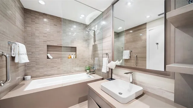 a bathroom with a bathtub