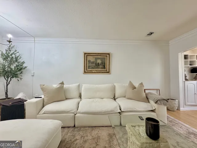a living room with furniture and a potted plant