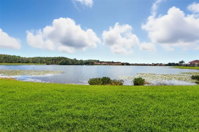 a view of a lake with a big yard