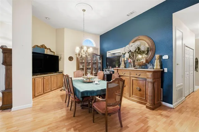a view of a dining room with furniture