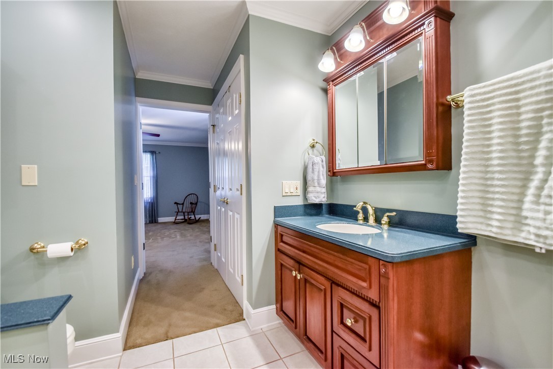 9715 Johnnycake Ridge Road Mentor, OH 44060 - Photo 15 of 50 Bathroom with ornamental molding, vanity, and tile patterned floors
