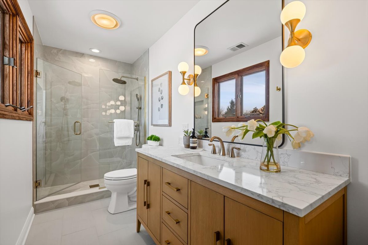 4588 Pamela Court Long Grove, IL 60047 - Photo 38 of 59 a bathroom with a granite countertop sink a toilet and shower