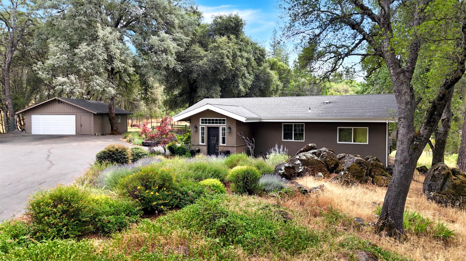 front view of house with a yard and potted plants