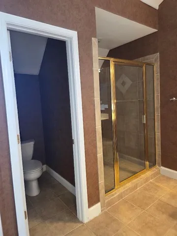 a bathroom with a shower and a toilet