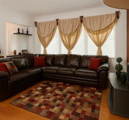 a living room with a couch and a table