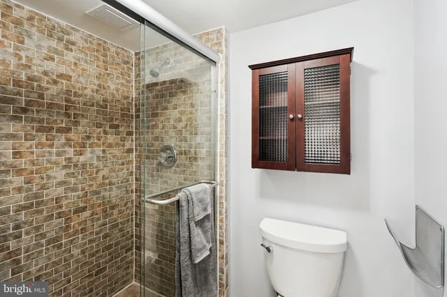a bathroom with a toilet and a shower