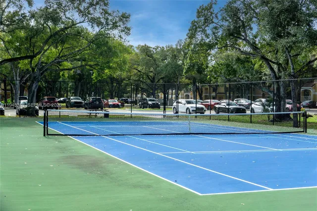 a view of a tennis ground with large trees