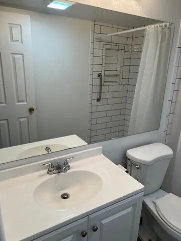 a bathroom with a sink a toilet and shower