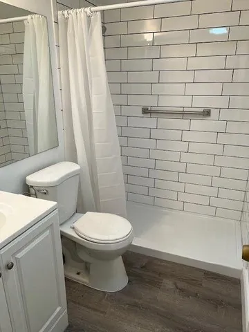 a bathroom with a toilet and a shower