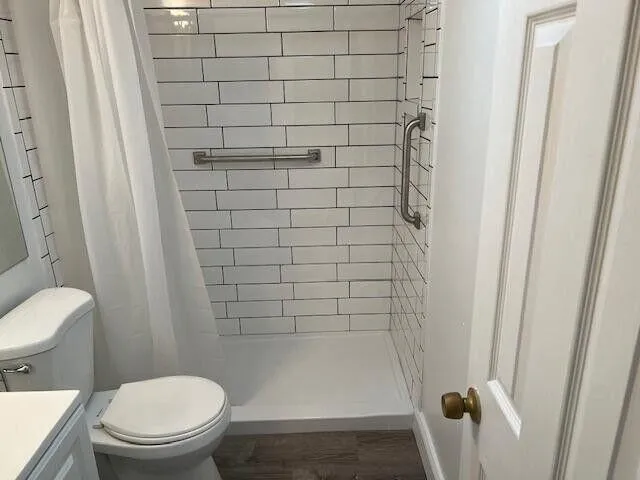 a bathroom with a shower and a toilet