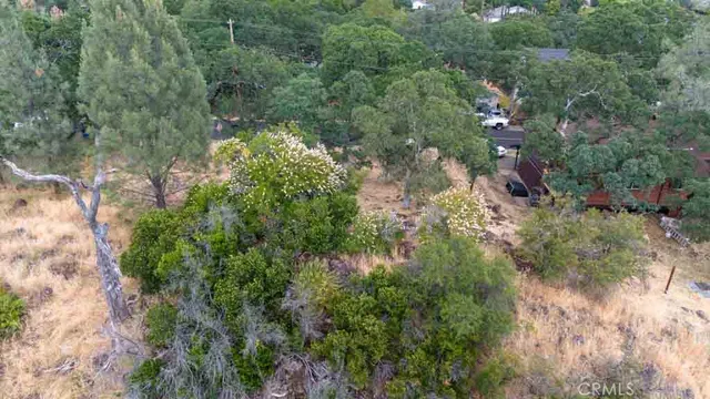 an aerial view of residential house with outdoor space and trees all around