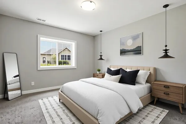a bedroom with bed and wall painting