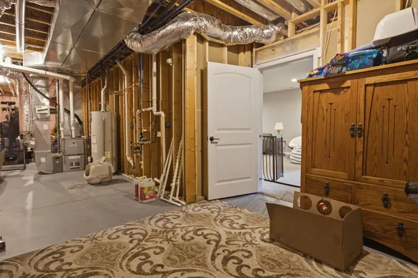 a view of a storage room with a rug
