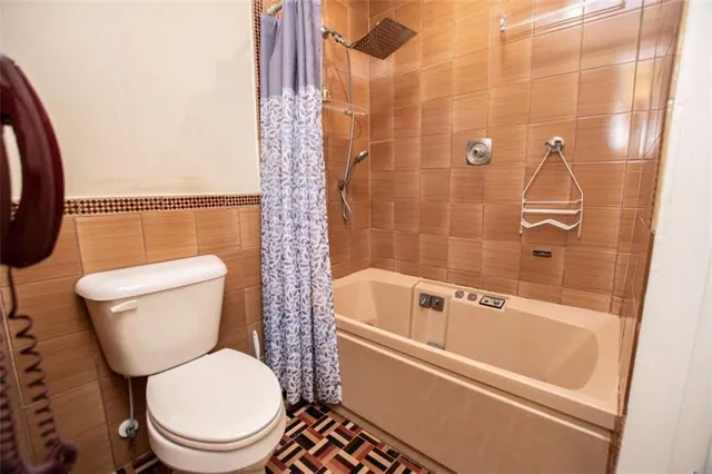 a white toilet sitting next to a bath tub