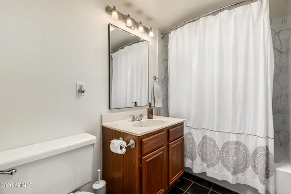 a bathroom with a sink a toilet and shower curtain
