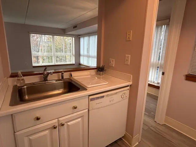 a view of a sink and dishwasher with wooden floor