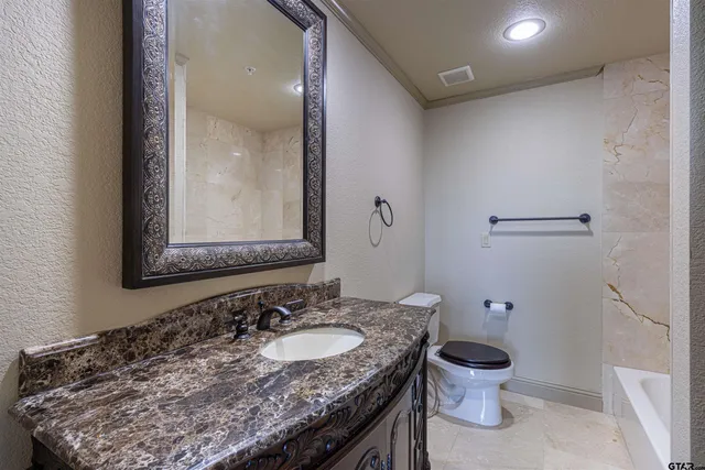 a bathroom with a granite countertop sink and a toilet
