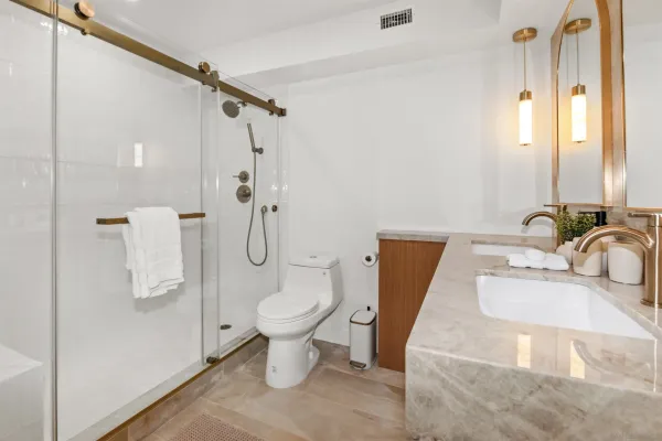 a bathroom with a granite countertop sink toilet and shower