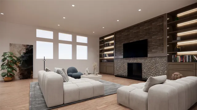 a living room with fireplace furniture and a flat screen tv