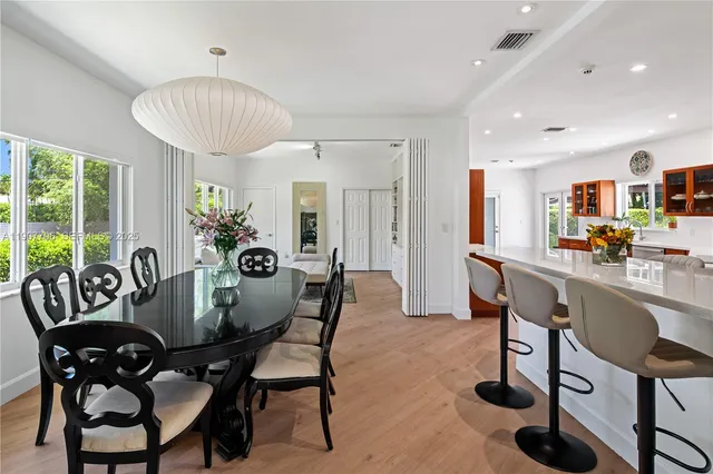 a view of a dining room with furniture window and outside view