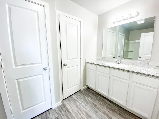 a bathroom with a sink and a mirror