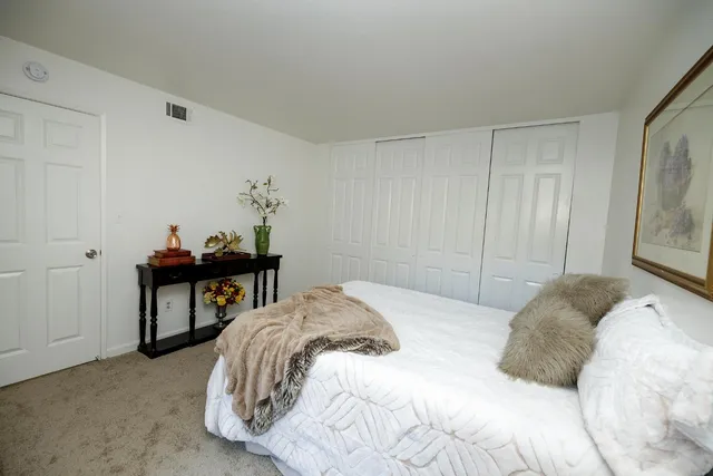 a bedroom with a bed and a window