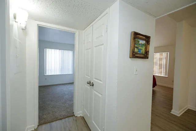 a view of a hallway with wooden floor and closet area
