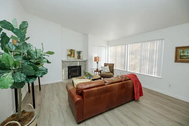 a living room with furniture a potted plant and a fireplace