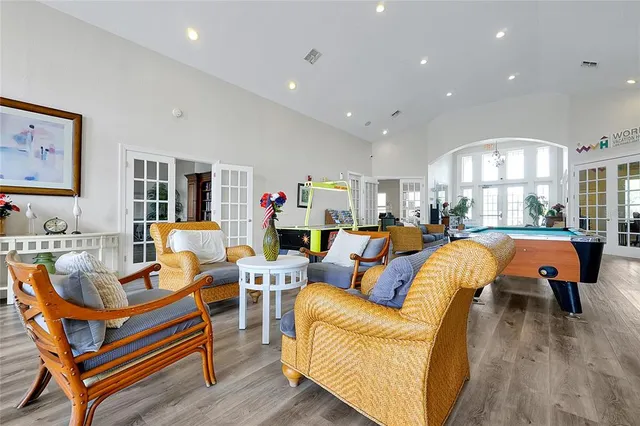 an outdoor space with furniture