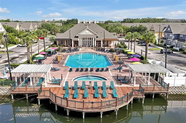 a view of a lake with a building in the background