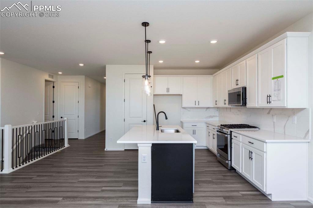 2120 Peachleaf Loop Castle Rock, CO 80108 - Photo 13 of 28 a kitchen with stainless steel appliances kitchen island granite countertop a stove a sink a refrigerator and white cabinets with wooden floor