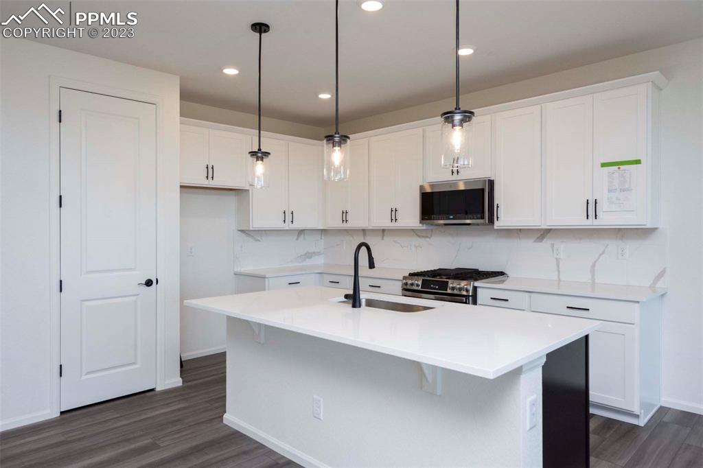 2120 Peachleaf Loop Castle Rock, CO 80108 - Photo 14 of 28 a kitchen with stainless steel appliances a sink a stove a microwave a center island and cabinets