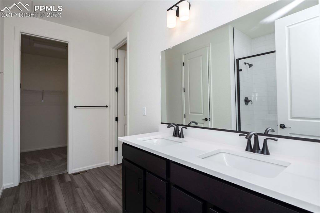 2120 Peachleaf Loop Castle Rock, CO 80108 - Photo 18 of 28 a bathroom with a double vanity sink a mirror and shower