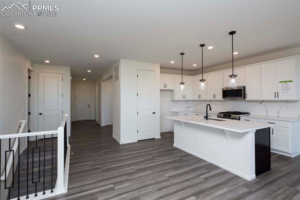 2120 Peachleaf Loop Castle Rock, CO 80108 - Photo 21 of 28 a kitchen with stainless steel appliances granite countertop a stove a sink and a refrigerator