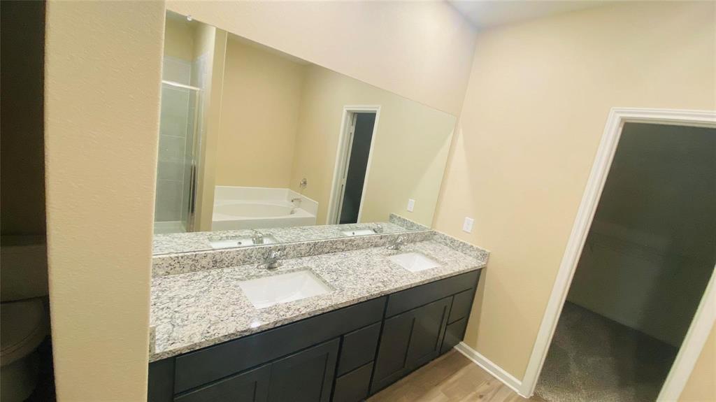 261 Moonstone Way Princeton, TX 75407 - Photo 7 of 9 a bathroom with a granite countertop sink and a mirror