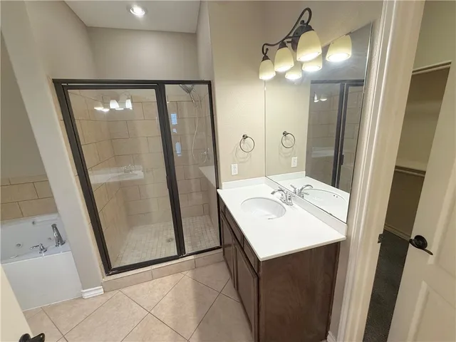 a bathroom with a sink a mirror and a shower