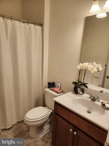 a bathroom with a sink a toilet and shower curtain