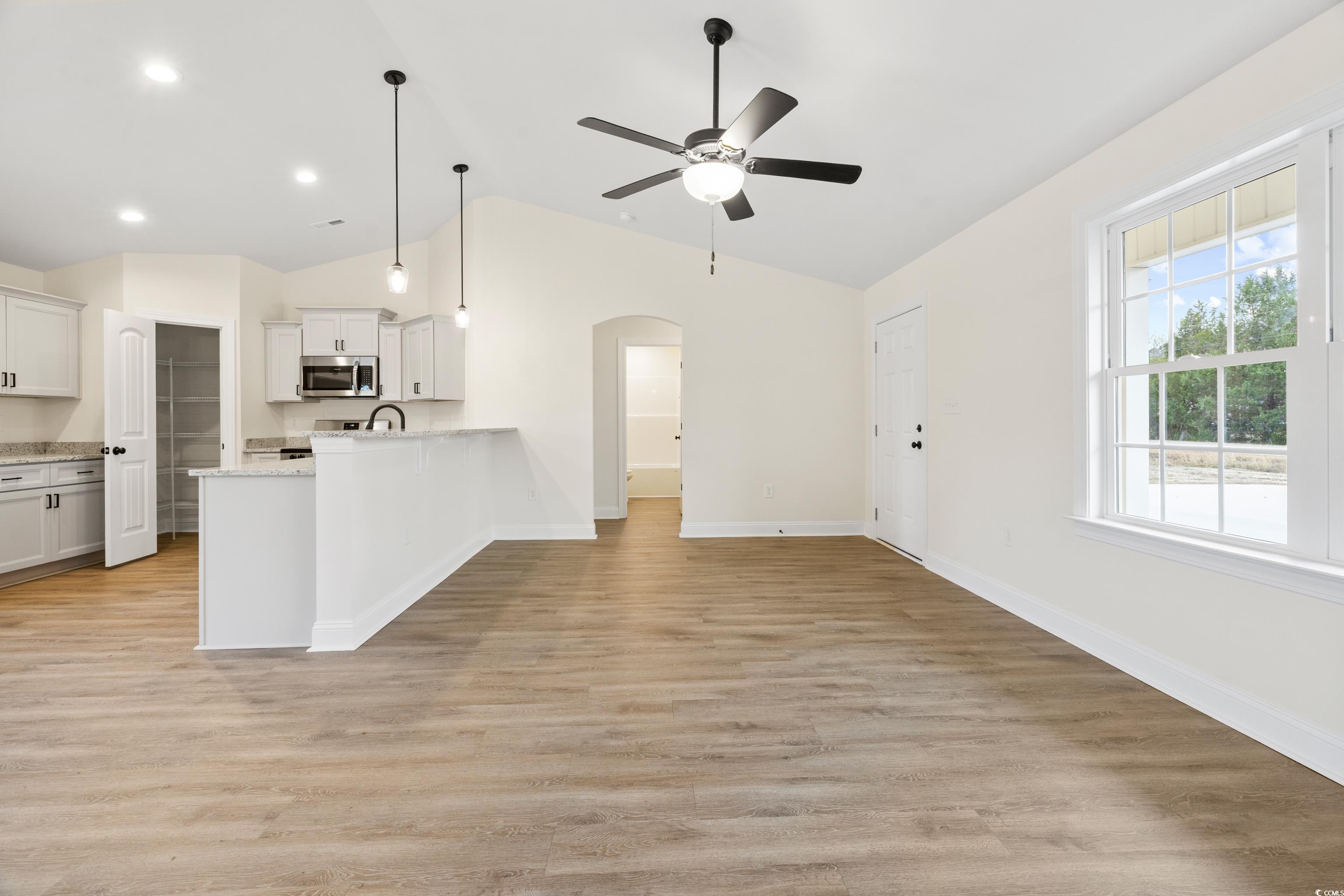 3640 Bethel Chapel Road Loris, SC 29569 - Photo 9 of 35 Kitchen with arched walkways, light wood-style floors, white cabinets, hanging light fixtures, and lofted ceiling