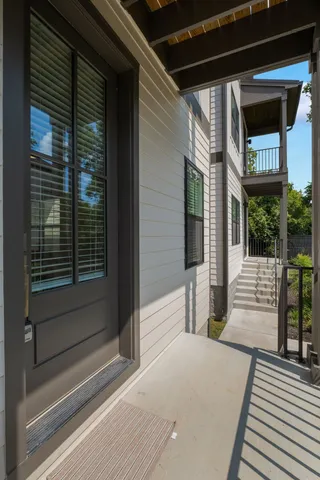 a porch with seating space
