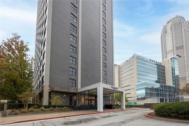 a view of a building and a street light