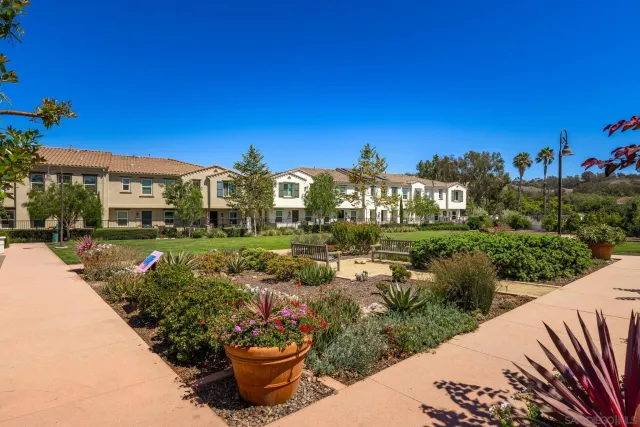 a view of a garden with a flower garden